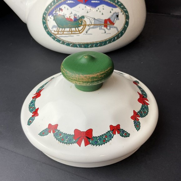 Vintage Mervyn's Porcelain on Steel Holiday Tradition Tea Kettle Winter Sleigh - Picture 6 of 13